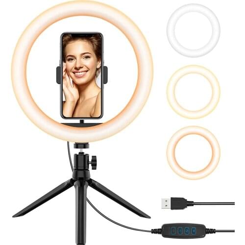Selfie Ring Light, 10” Ring Light with Tripod Stand & Cell Phone Holder for Live Stream, Makeup, Dimmable Desktop LED Circle Lig