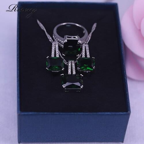 Russian style silver color jewelry set for women necklace earrings ring set Green Cubic Zircon Fashion Bridal Jewelry