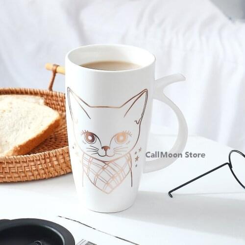 Cartoon Mug with Lid 580ml Big Capacity Cute Black and White Cat Ins Ceramic Cup Student Korean Style Cute Milk Water Coffe Cup