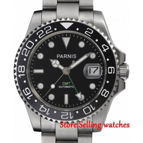 Sapphire Glass Parnis 40mm GMT Date Ceramic Bezel Automatic Mens Watch