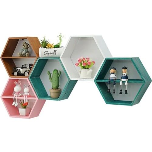 Interior decoration hexagonal wooden shelf, living room wall wall wall partition, bedroom multi-layer non perforated bookshelf