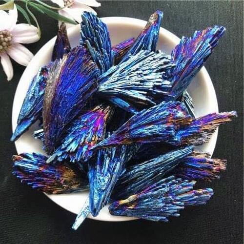 1Pc Random Natural Quartz Crystal Jet Stone Chinese Phoenix Rainbow Titanium Cluster Peacock Blue Feather Mineral Healing Stones