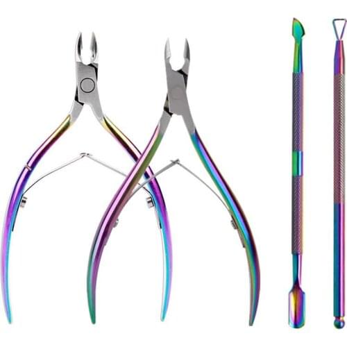 Colorful Nail Cuticle Pusher Tweezer Stainless Steel Professional Dead Skin Remover Nail Manicure Rainbow Cutter Nipper Clipper