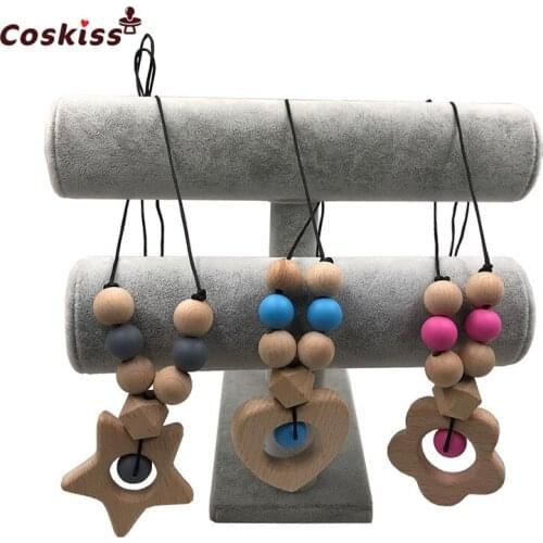 Silicone teething beads baby products silicone chew teether necklace wood animal teethers