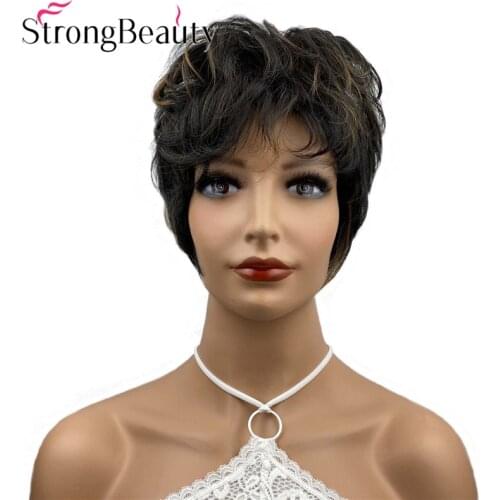 StrongBeauty Short Wavy Wigs Highlight Strawberry Blonde Wig Women Synthetic Hair Heat Ok
