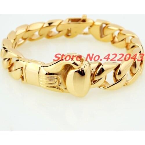 High Quality Yellow Gold Color 15MM 8.66" 316L Stainless Steel Boxing Glove Cuban Chain Bracelet Mens Hip-hop 94G Jewelry