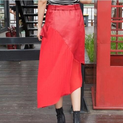 Women Irregular Lambskin Spliced Midi Long Genuine Elegant Ruffles Real Leather Skirt With Belt Streetwear Female
