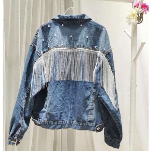 Autumn and winter new style ladies high street modern fun design handmade nail drill tassel denim casual female jacket trend