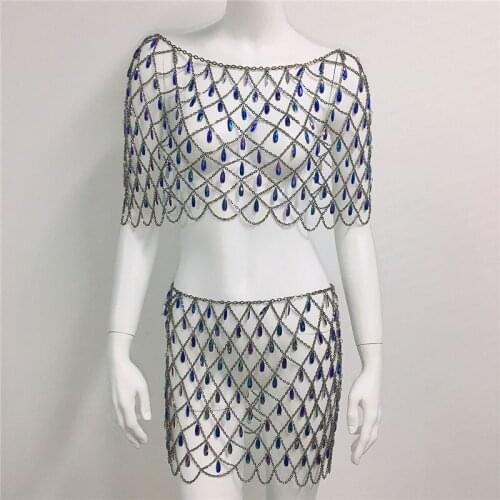 Sexy Bling Metal Chain Diamonds Women Top Skirt rhinestones Women Summer Beach Hollow Gems Queen Crystal Night Club Party Skirt