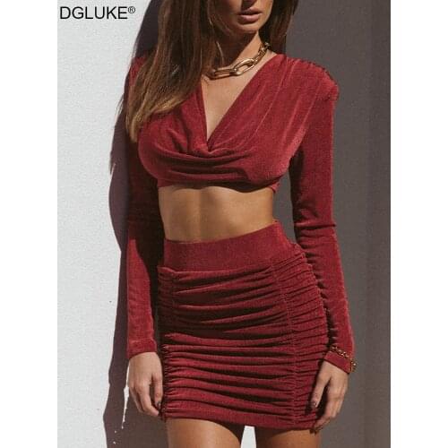 Long Sleeve Crop Top And Mini Skirt Set 2 Piece Sexy Women Outfit V-Neck Draped Top Ruched Skirt Womens Summer Suit Orange