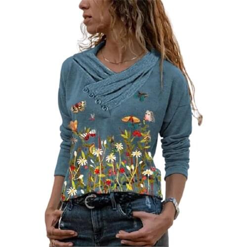 Beautiful Butterfly Flowers Pullover Tops Women Tees Casual Button V-Neck Long Sleeve Autumn T-shirt Fashion Street Oversize 3XL