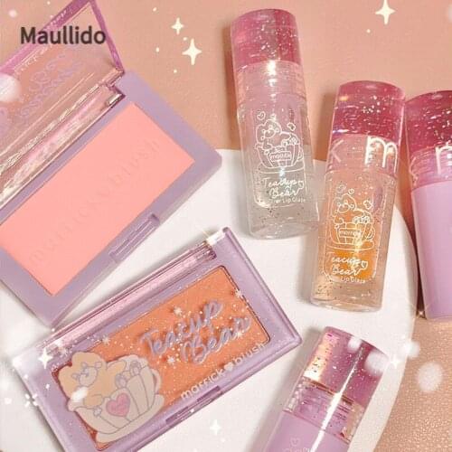 3pcs Girlish Teacup Bear Lip Glaze Lip Gloss Blush Set Mirror Lip Glaze Moisturizing Vitality Blush Makeup Kit