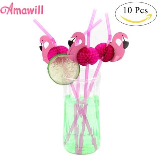 Amawill 10pcs Flamingo Drinking Plastic Straws for Babyshower Hawai Decor Bachelorette Decorations Carnival Party Supplies 65D