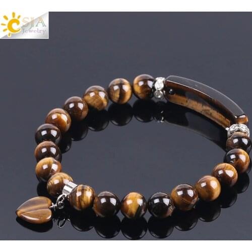 CSJA Natural Stone Tiger' Eye Bracelets for Women 8mm Round Beaded Healing Crystal Heart Charms Stretch Bracelet Protection F105