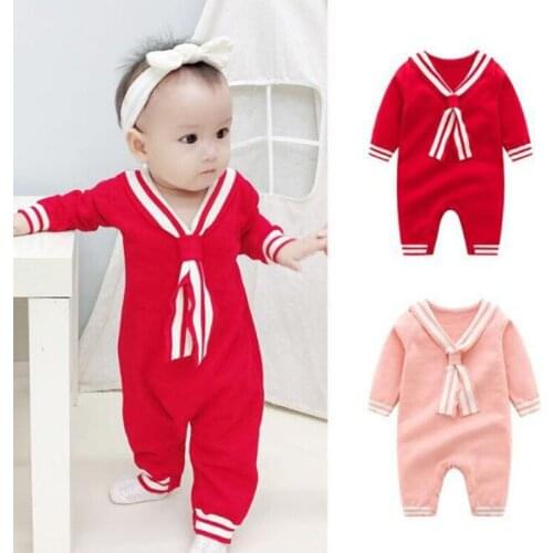 Spring Autumn Navy Wind Infant Baby Girls Rompers Long Sleeve Rompers Newborn Cute Baby Girls Knit Rompers Clothes