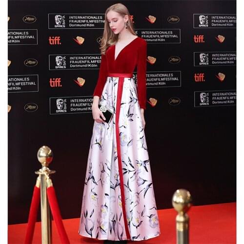 New Prom Dresses Long V-Neck High Slit Sexy Backless Prom Gown calico Evening Dress robe de soiree