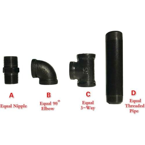 2Pcs 1/2" 3/4" BSP Black Malleable Iron Pipe Fittings Black Cast Iron Threaded Pipe Barrel Nipple Side Outlet Elbow Three-Way