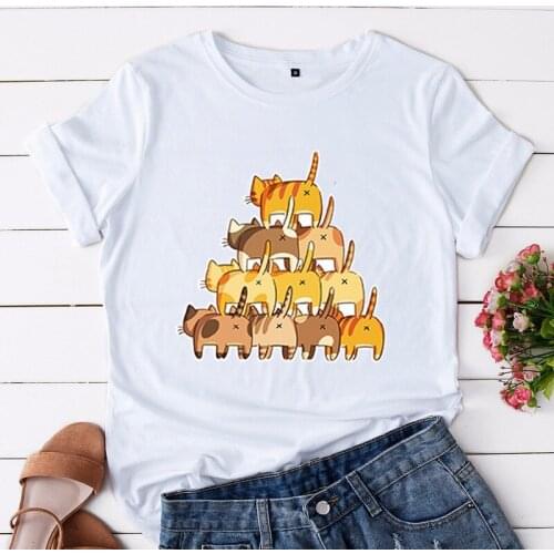 Harajuku Casual O-Neck Basic Top Tees Shirt Female 90s Kawaii Funny Cartoon T-shirt Cute Cats Print Short Sleeve Women T Shirts