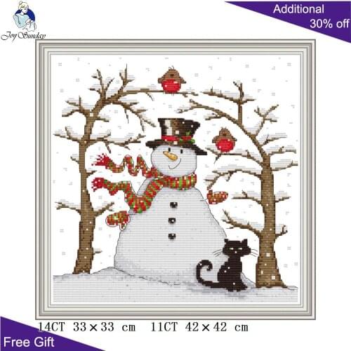 Joy Sunday Snowman KB114 14CT 11CT Counted and Stamped Winter Bird Snowman And Balck Cat s Home Decor Cross Stitch kits