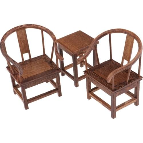 Dollhouse Miniatures Furniture Handmade Wenge End Table Tea Table W/ 2PCS Armchair Set For 1/6 Action Figure Dolls or Dollhouse
