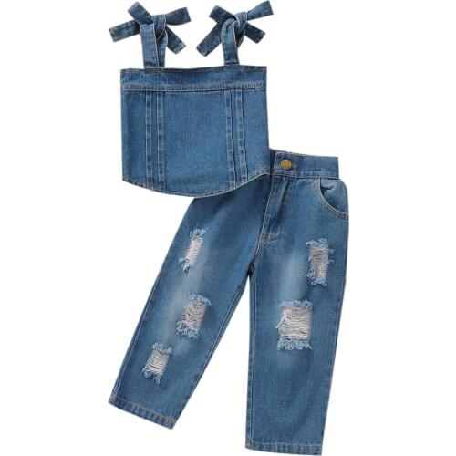 Citgeett Summer Kids Toddler Girl Summer Outfits Sleeveless Tie Strap Crop Tops + Ripped Denim Pants Clothes Set