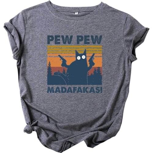 Summer Women T Shirt Cotton Plus Size 5XL Funny Cat with Gun Pew Pew Print Graphic Tees Tops Short Sleeve O-Neck Casual Tshirts