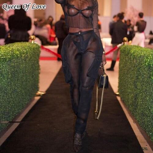 Sexy See Through Gauze Big Pocket Pants 2021 New Autumn Fashion Streetwear Women Safari Style Black Trousers Y2K