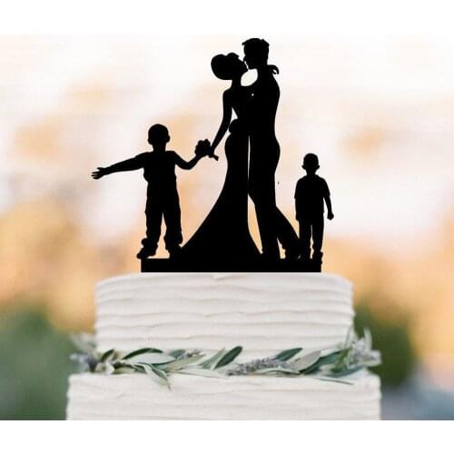 Family Wedding Cake topper, Couple with two boys silhouette Cake topper , Bride and Groom unique and funny wedding cake decor