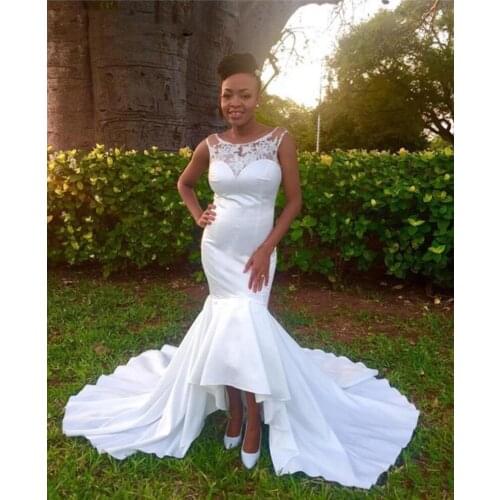 Modern African Mermaid Wedding Dresses Scoop Zipper Back Lace Satin Bridal Dresses Sleeveless Sweep Train Wedding Gowns