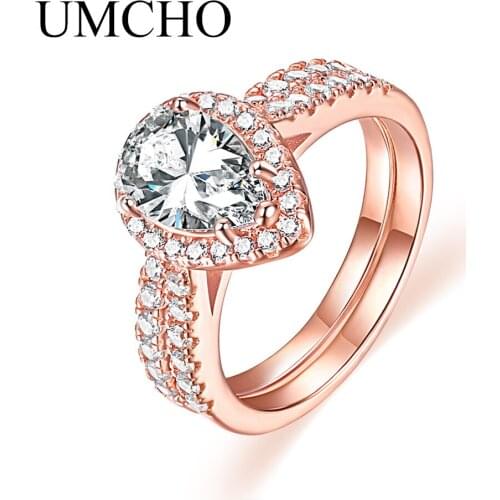 UMCHO Water Drop Clear Stone Genuine 925 Srerling Silver Jewelry Double Rings For Bride Wedding Gift Fine Jewelry