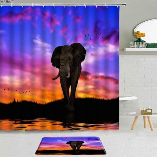 2Pcs African Wild Animal Elephant Shower Curtain Sunset Bohemian Ethnic Pattern Fabric Non-Slip Bath Mat Bathroom Curtains Set