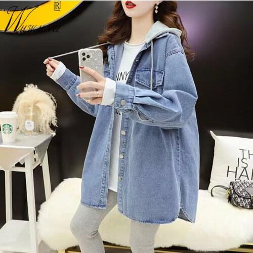 Casual Loose Hooded Denim Jacket Korea Style Long Sleeve Button Jean Coat Top Women 2021 New Fashion Streetwear Hat Removable