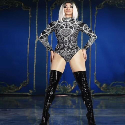 Women Black Printing Shiny Rhinestone Sexy Bodysuit Stage Wear Jazz Dance Team Elastic Leotard Team Performance Dance Costum