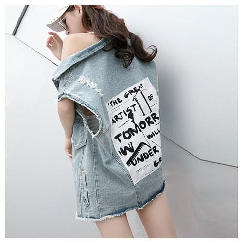 Summer Hole Denim Vest Women Korean Character Printing Sleeveless Turn-down Jean Vest Tops Female Loose Short Jacket Streetwear