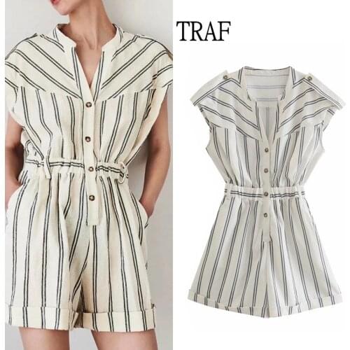 TRAF Women Jumpsuit 2021 Za Summer Stripe Elastic High Waist Casual Jumpsuits Woman Chic Short Sleeve Women Clothing Holiday Top