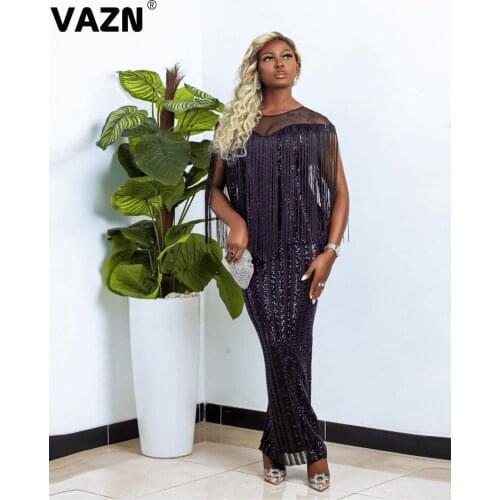 VAZN 2020 Hot Popular Black Young Sexy Club Heavy Industry Sequined Half Sleeve Flaring Women High Waist Thin Pencil Maxi Dress