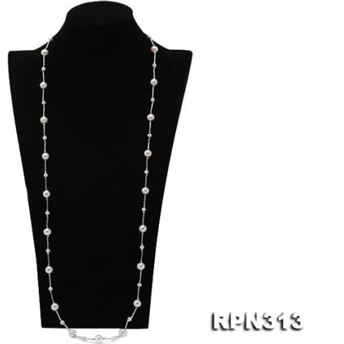 Elegant Ladies Necklace Perfect 5-9MM Round Natural White Freshwater Pearl Long Necklace Silver Tube Beads Jewelry Loving Gift