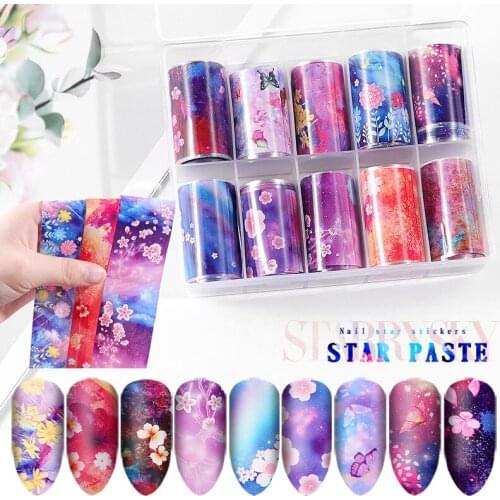 10 Pcs/Set Holographic Flowers Leaf Design Nail Art Transfer Foil Sticker Nail Decoration Manicure DIY Accessories