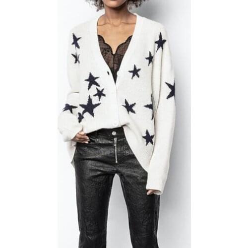 100% Cashmere Star Jacquard Sweater Women O-neck Long Sleeve 2021 Spring New Ladies Knitted Jumper Tops