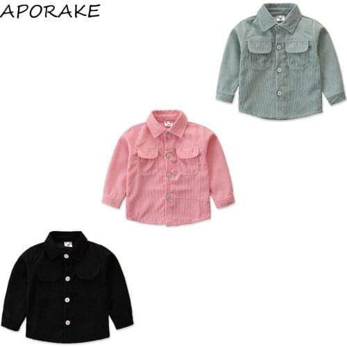 2020 1-6Y Kids Baby Boys Girls Corduroy Jacket Autumn New Long Sleeve Pocket Coat Stylish Lapel Solid Color Top for Children
