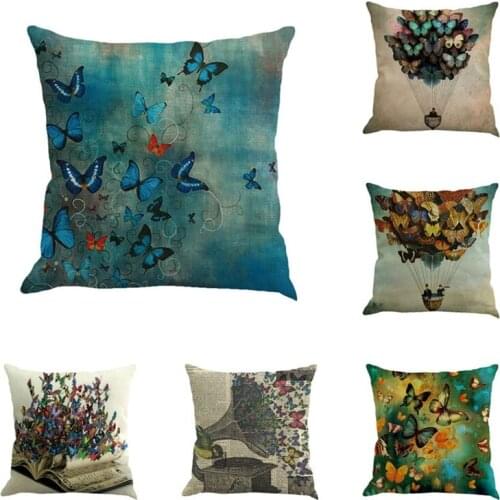 6 PCS Butterfly Painting Pillowcase Linen Pillow Cover Waist Pillowcase Home Decor Square Cushion Cover Pillow Case