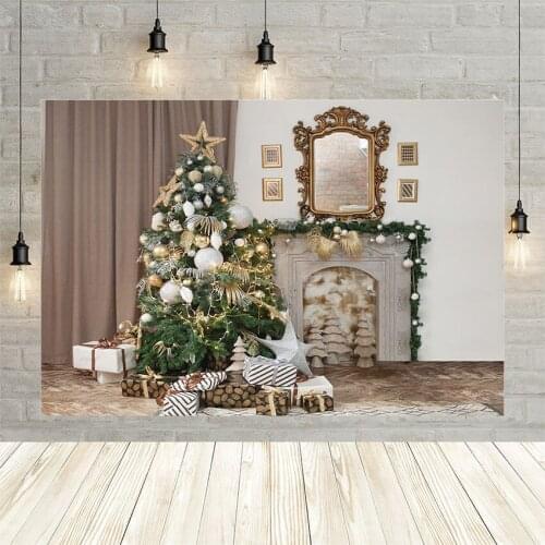 Avezano Happy Christmas Tree Winter Background Gift Fireplace Mirror Curtain Decoration Kid Backdrop For Photo Studio Photophone