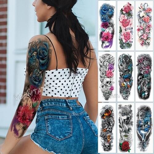 Large Arm Sleeve Tattoo Blue Rose Butterfly Heart Waterproof Temporary Tattoo Sticker Pocket watch Men Full Flowers Tatoo Women