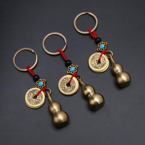 Wu Lou Key Chain Lucky Gourd Keychain with Feng Shui Coins Good Luck Prosperity Success Brass Calabash Pendant Keychain