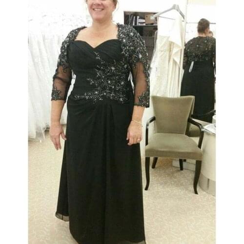 Black Mother Of The Bride Dresses A-line 3/4 Sleeves Chiffon Appliques Beaded Plus Size Groom Mother Dresses For Weddings