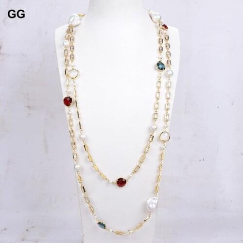 GG Jewelry NaturalFreshwater Cultured White Keshi Pearl Cubic Zirconia Pave Gold Color Plated Chain Long Necklace For Women Gift
