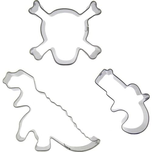 Skeleton Head, Tyrannosaurus, Firearms shape 3 piece biscuit cutting molds, baking tools, cake decorating soft candy tools