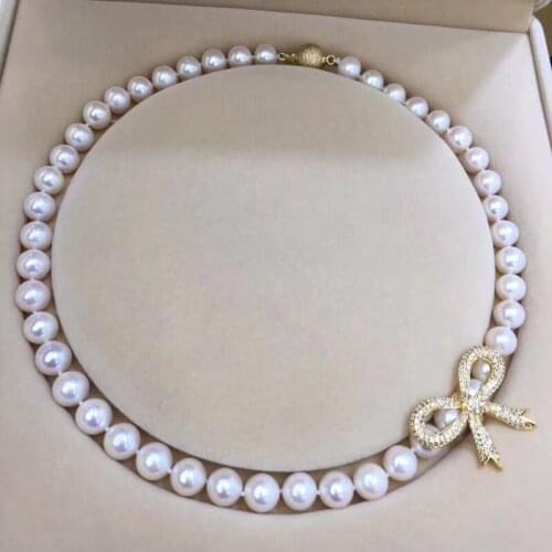 Sinya 9-10mm Natural Round pearl beads strand choker necklace with fashion design pendant for women Mum girls fine jewelry Gift