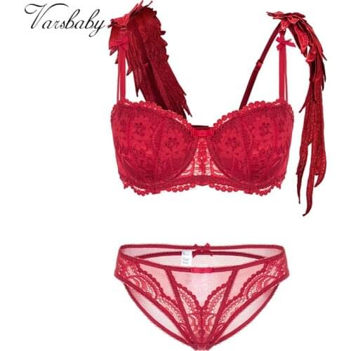 Varsbaby new sexy lace floral half-cup thin gathered underwear exquisite embroidery wings shoulder strap bra set for women