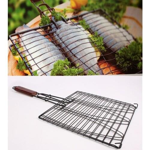 Summer Non-stick Grill Rack Accessories Triple Basket Wooden Handle Outdoor Camping Spring Outing Fish Barbecue Tool